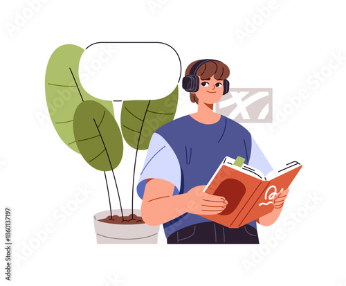 Dreamy person with headphones imagines while reading. Thoughtful character with book dreams, thinking about wishes. Man or woman with empty thought bubble. Flat isolated vector illustration on white