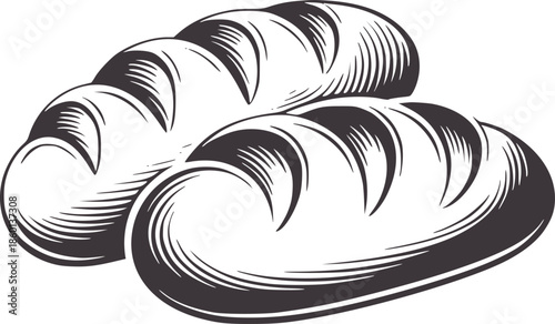 Two elongated crusty bread loaves minimalist black and loaf bakery