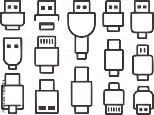 Various U S B connectors and plugs in black outline