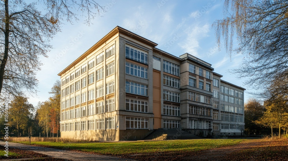 Obraz premium Autumnal Elegance: A Majestic Multi-Story Building in Park-like Setting