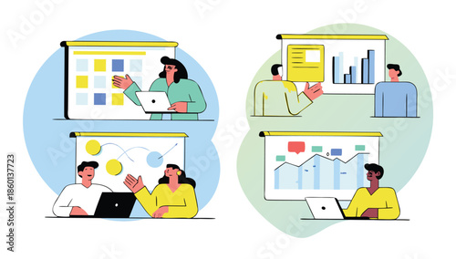 Diverse team collaborating on data analysis and presentation in modern office