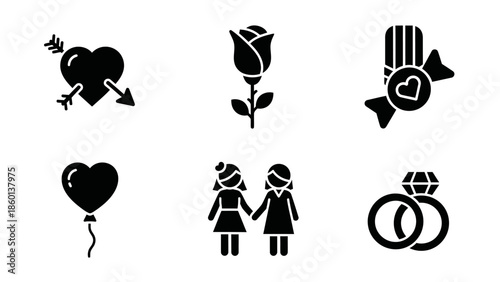 Valentines day symbols like hearts rose engagement rings and gift boxes