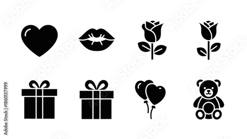 Set of cheerful valentine symbols featuring heart rose gift teddy bear and kiss