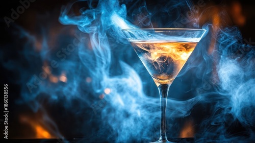 A dramatic martini shot highlighting ethereal smoke and liquid motion