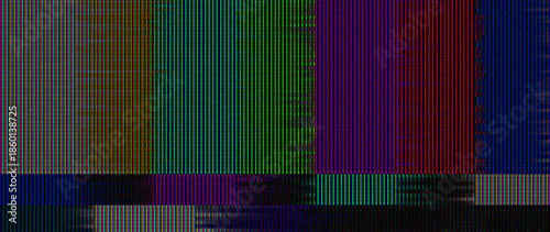 TV Test Card with Rainbow Bars. Retro Hardware Screen 1980. Glitch Art Static Noise. Broken TV Transmission. Vector Illustration.