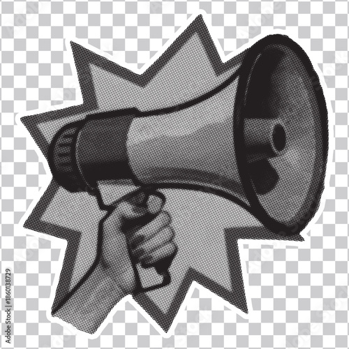 Striking grayscale illustration of a hand holding a megaphone against an energetic starburst, representing important announcements, public address, and powerful communication