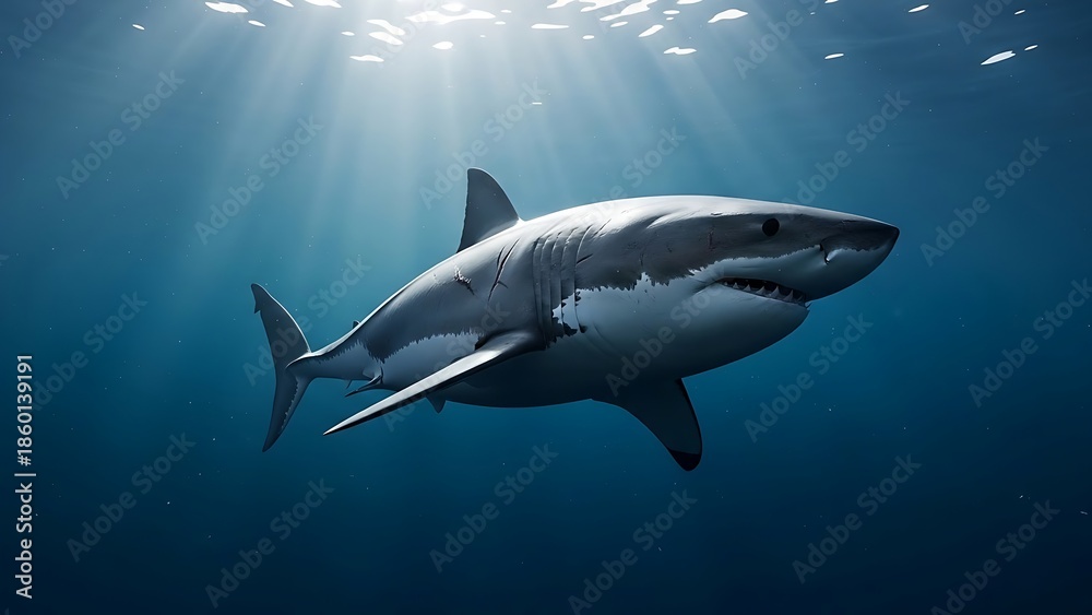 Obraz premium Majestic shark swimming underwater with sunbeams shining through ocean waves