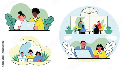 Diverse team collaborating on laptops in modern office spaces