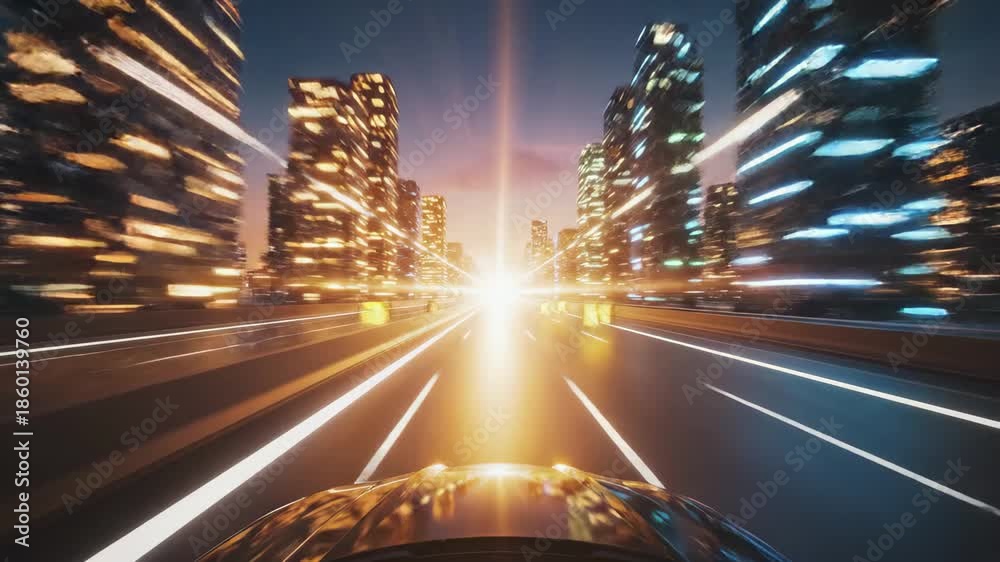 Firstperson view driving fast on a highway through a modern city at ...