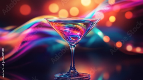 Captivating cocktail with vibrant swirling colors against a bokeh backdrop
