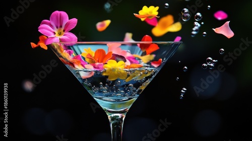 Floral Elegance in Glass: A Cocktail of Petals and Bubbles on Dark Background
