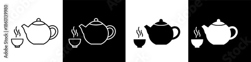 Cozy hot tea serving icon set with steaming cup and classic teapot graphic