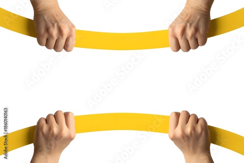 Four hands holding yellow curved tapes creating white copy space between horizontal lines