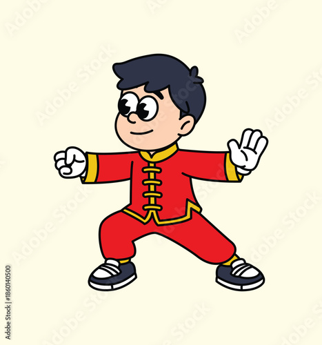 A cute cartoon boy in a red traditional Chinese outfit is striking a martial arts pose, demonstrating focus and discipline. Chinese boy Lunar New Year Character.