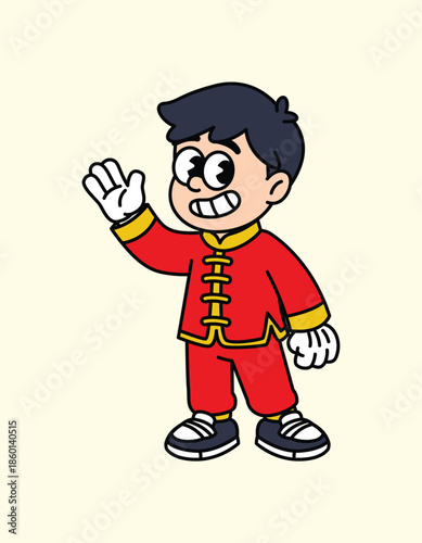 A cheerful cartoon boy dressed in a red traditional Chinese outfit waves with a friendly gesture. Chinese boy Lunar New Year Character.