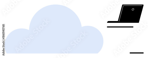 Cloud technology, data storage, online workspace, remote working, networking, virtualization. A blue cloud shape next to a black laptop. Cloud technology and data storage concept