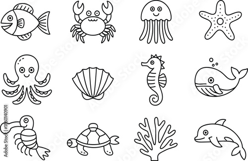 A Comprehensive Collection of Minimalist Black and White Line-Art Icons Featuring Diverse Sea Creatures Including Fish, Crab, Octopus, Seahorse, and Whale.