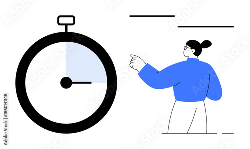 Time management, scheduling, productivity, task organization, efficiency, decision making. Large stopwatch and a person pointing to something. Time management and scheduling concept