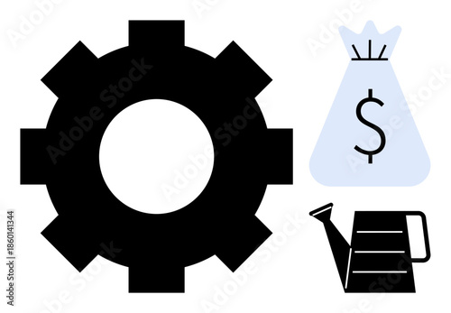 Gear, money bag with dollar sign, and watering can visualizing financial planning, investment strategies, efficiency, profitability, business growth, sustainability, and automation