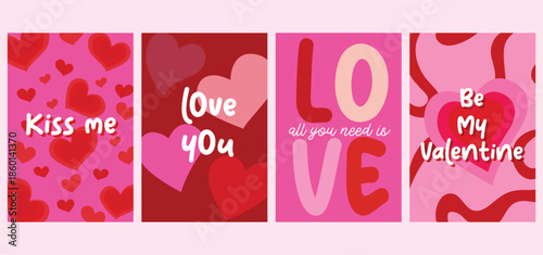 Valentine's Day Vector Poster Set, Abstract Heart Backgrounds with Love Slogans, Retro Style.