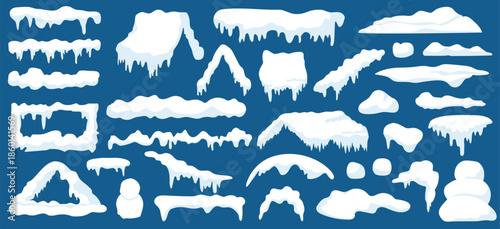snow caps, snowy ice and frozen icicles featured as vector cartoon icons and isolated on transparent background, featuring abstract snow frost caps and icicles of house roof shape perfect for Christma