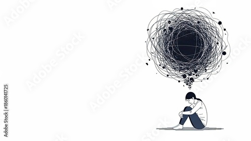 Conceptual Illustration of Mental Health Struggles with a Person Overwhelmed by Tangled Thoughts