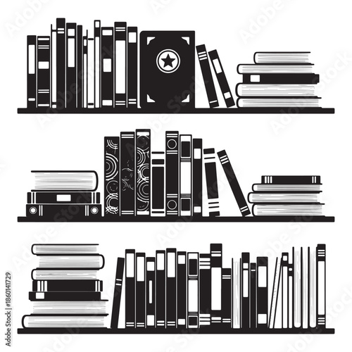 Bookshelf Silhouette Icons Set, Library Book Shelf Glyph Pack, Bookcase Black Icons Collection