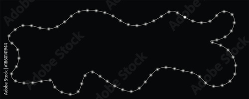 Christmas lights with glowing bulbs for holiday cards . Christmas bulbs twinkle with gentle shine, festive garland string light and banners black background 