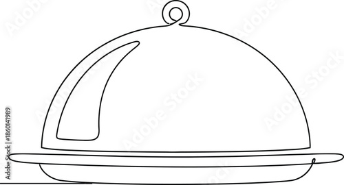 A simple black line-art icon of a cloche, or a covered serving dish, commonly found in restaurants, is shown
Serving Cloche Food Cover Line Art Illustration