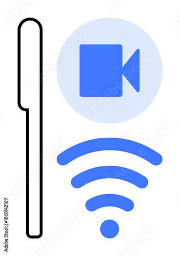 Video streaming, online communication, wireless connectivity, technology, digital networking, internet services. Camera icon and wireless signal in a clean design. Video streaming and online
