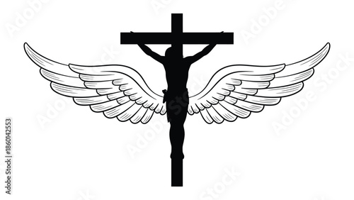  Crucifix with angel wings silhouette symbol representing christian faith sacrifice spirituality salvation hope devotion and religious belief isolated on white background illustration