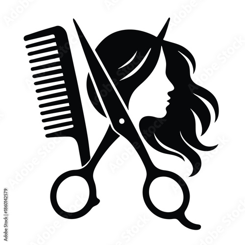 Scissors and Comb Silhouette, Hair Stylist and Beauty Salon Vector Illustration on White Background, Haircut and Salon Concept 