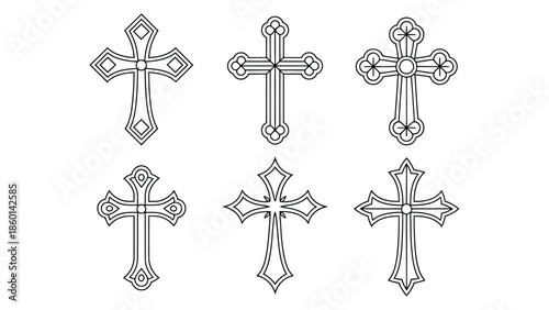  Set of decorative christian crosses line art collection featuring vintage ornate religious symbols isolated on white background for faith spirituality and worship designs