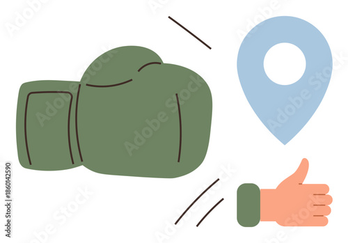 Green boxing glove beside blue location pin and approving thumbs-up. Ideal for competition, success, achievement, positive feedback, victory, sportsmanship, teamwork. Versatile simple flat metaphor