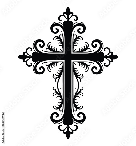  Ornate christian cross silhouette with decorative floral elements, elegant religious symbol illustration for faith, church design, worship art, tattoo, logo and spiritual concepts