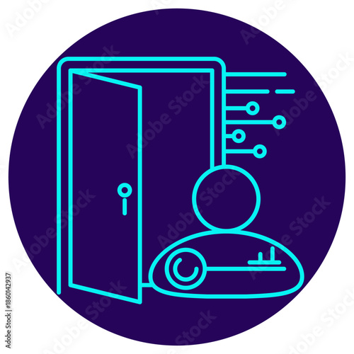 Authentication Icon. Minimalistic neon outline on a dark blue round background. Vector illustration of an opened digital door with data signals, featuring a user figure holding a key