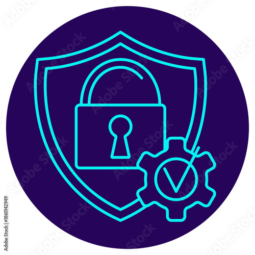 Security Compliance Icon. Minimalistic neon outline on a dark blue round background. A stylish vector illustration of a shield and lock paired with a gear mechanism containing a check mark