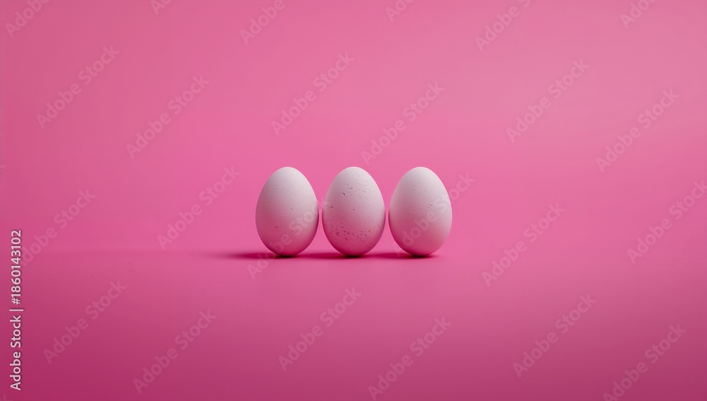 Fototapeta premium Three Chicken Eggs on Vibrant Pink Gradient Background with Minimalist Studio Lighting