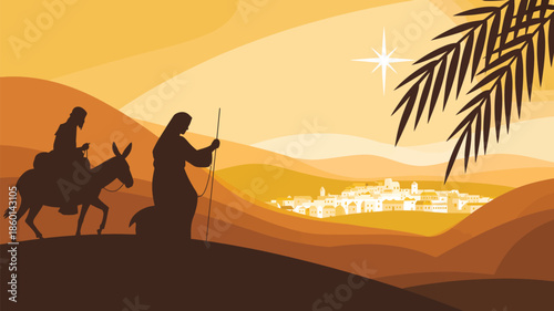  Silhouette of three wise men traveling through desert at sunset with palm tree and distant city, biblical journey illustration for christmas and epiphany concept