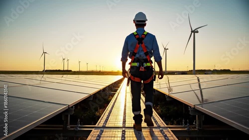 Engineer walking through solar panel farm at sunset with wind turbines in background, 4k high quality