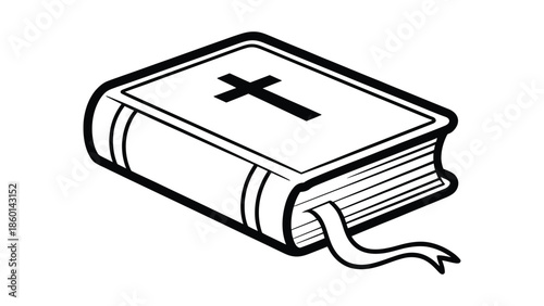  Holy bible book with cross icon in simple line style, christian scripture symbol illustration for religion, faith, worship, church education and spiritual concept
