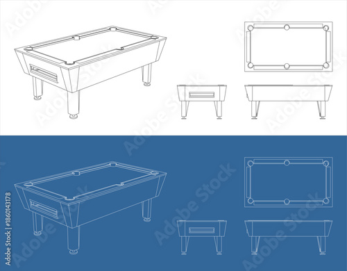 Isometric Billiard Table Technical Drawing with 3D Wireframe Perspective