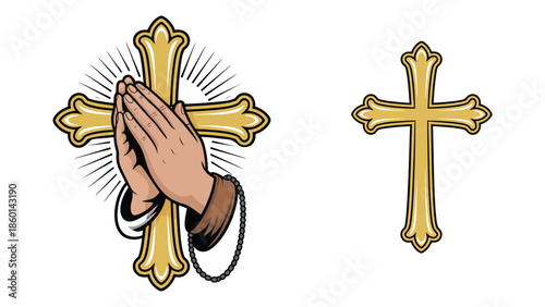  Praying hands with golden christian cross symbols religious illustration set isolated on white background representing faith worship prayer spirituality and christian belief