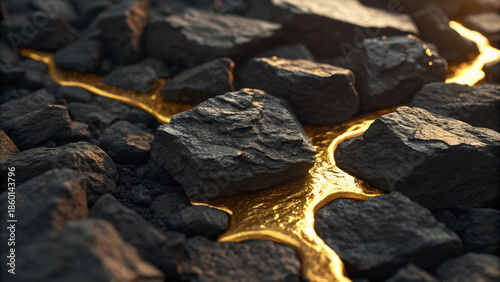 Golden Liquid Flowing Through Dark Rocks