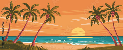 Lush palm trees silhouetted against a breathtaking ocean sunset