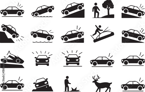 Car crash icons set with various accident scenes depicted