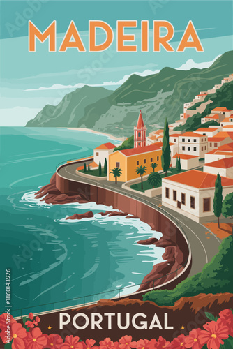 Vibrant vintage travel poster of a picturesque coastal village with scenic ocean views