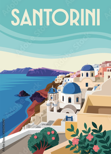 Santorini Travel Poster Picturesque Greek Island Village Scenic View