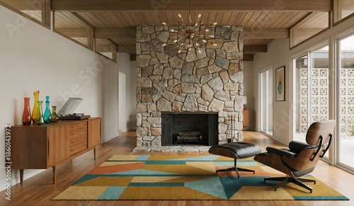 Mid-Century Modern Living Room with Stone Fireplace and Eames Lounge Chair