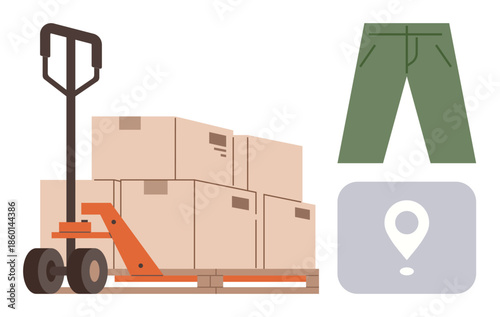 Pallet jack transporting boxes on a wooden pallet, green pants, and location marker icon. Ideal for delivery, logistics, e-commerce, clothing industry, transportation, warehousing minimalistic